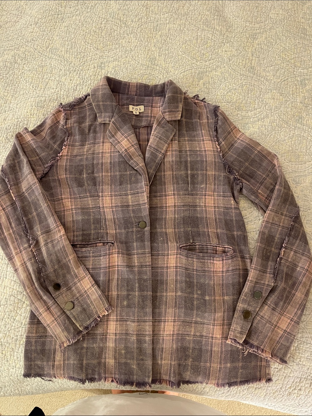 POL- Plaid Pink & Gray Distressed Women's Blazer Jacket
Small
